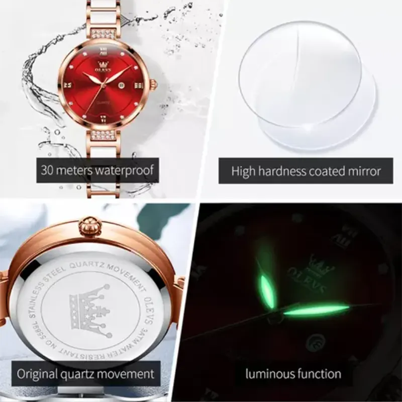 Olevs Red Dial White Ceramic Ladies Watch- 5589